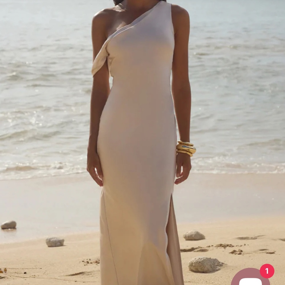 Asymmetric One-Shoulder Cream Maxi Dress with Side Slit